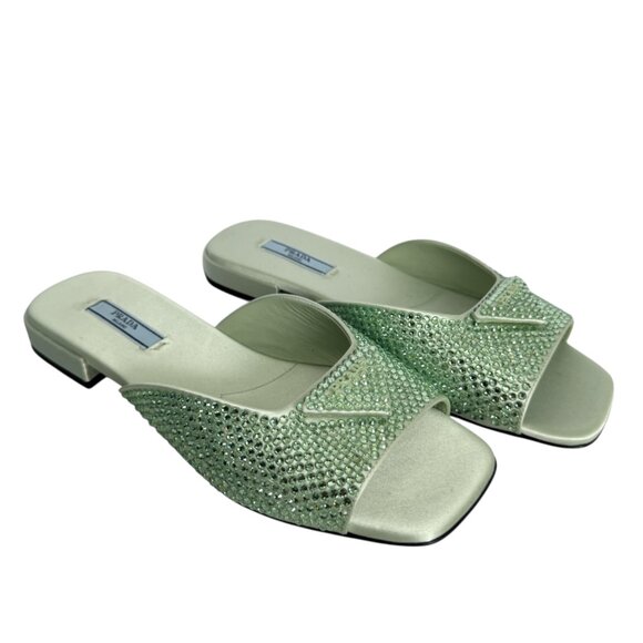Prada Satin Crystal Embellished Acqua Slide Mules Sandals 37.5, 1XX642 NEW - Picture 1 of 16